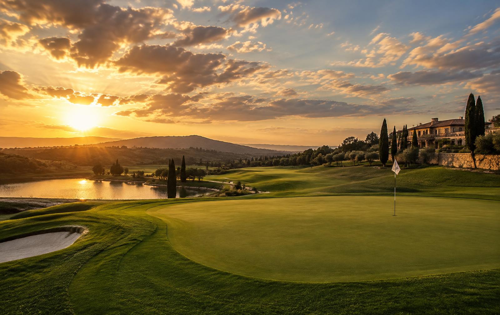 European golf course at sunset